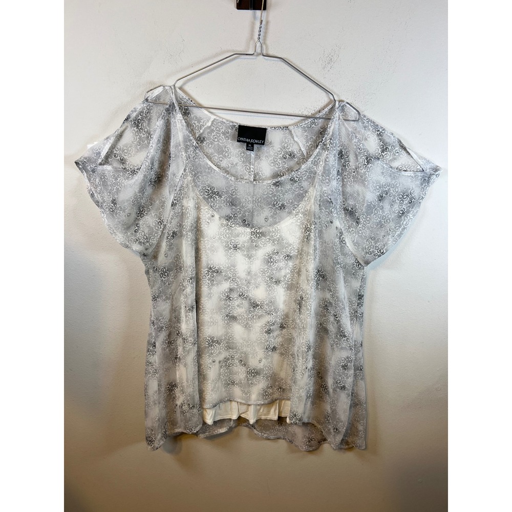 Cynthia Rowley Womens Blouse Cold Shoulder Damask Print Gray XL